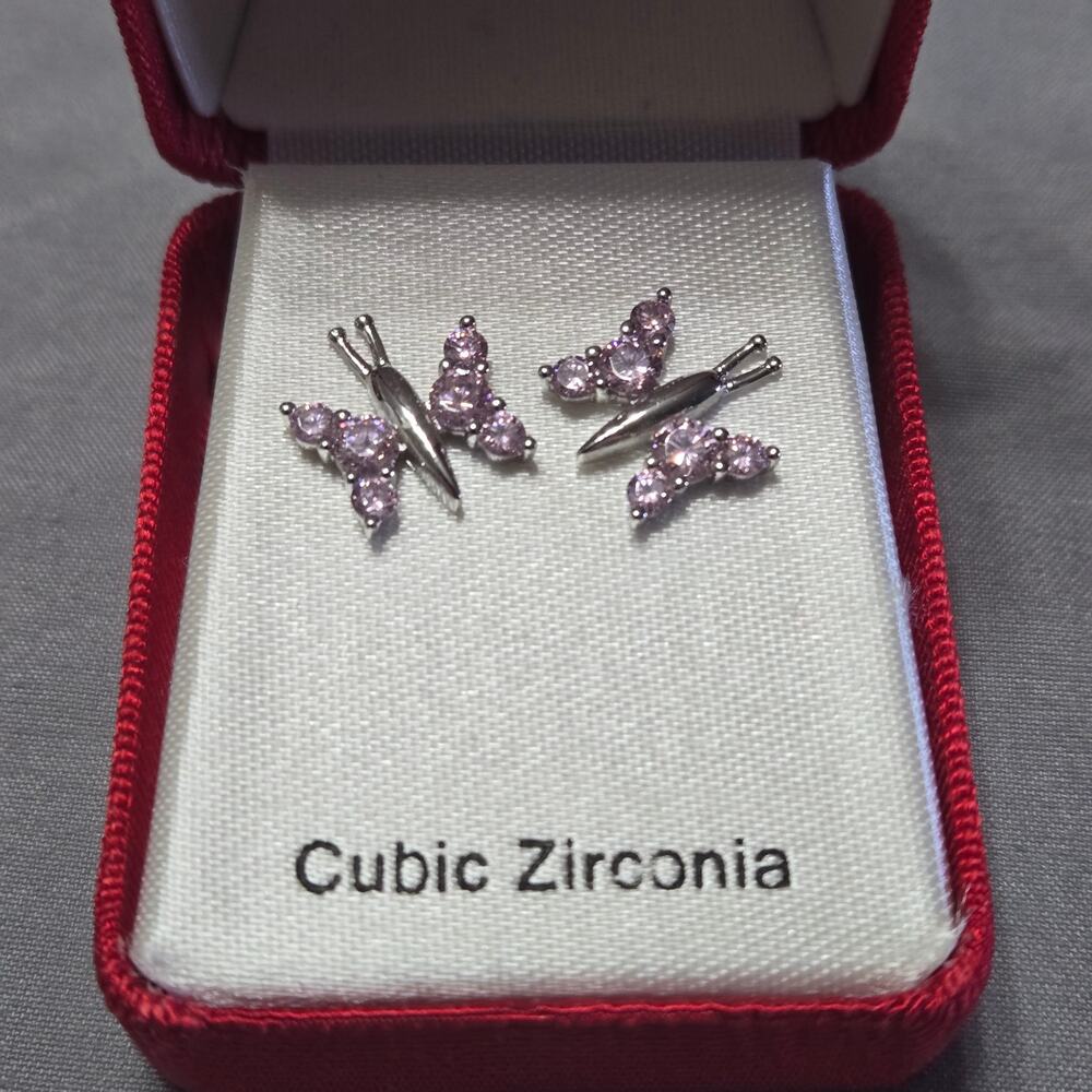 Pink Butterfly Cubic Zirconia Stud Earrings